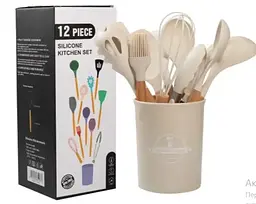 Силіконовий кухонний набір приладдя Kitchen & Dining 12 предметів (дерево+силікон) бежевий - мініатюра 2