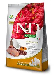 Сухий корм Фарміна для собак усіх порід N&D Quinoa Skin&Coat ADULT MEDIUM & MAXI дієтичне харчування, при харчовій алергії з перепелом, кіноа, кокос та куркума 2,5 кг