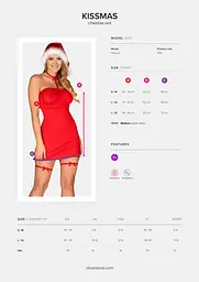 Новорічна сорочка Obsessive Kissmas chemise, S/M, червона, чокер, гартери та шапочка з помпоном