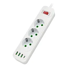 Сетевой фильтр удлинитель Voltronic F-23U, 3 розетки EU+3xUSB+Type-C, 2 м, 3х0,75мм, 2500W, White