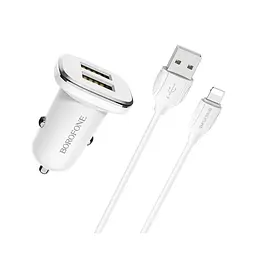 Автомобільний зарядний пристрій Borofone BZ12 2 USB білий + кабель USB to Lightning - мініатюра 4