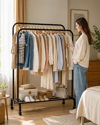 Подвійна стійка для одягу та взуття Loft Rack сталева на коліщатках ЧОРНИЙ / Вішалка подвійна розкладна зі стопорами та полицями для взуття 150х110х57 см - мініатюра 2