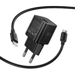 Мережевий зарядний пристрій з дротом Hoco N65 Ingenious GaN PD20W+QC 3.0 Type-C to Type-C універсальне заряджання 2 порти Чорний - мініатюра 2