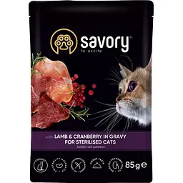 Вологий корм Savory для стерилізованих котів ягня з журавлиною у соусі пауч 85 г