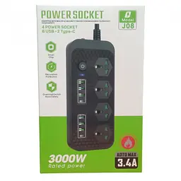 Мережевий подовжувач фільтр чорний на 4 розетки та 6 USB 3.4A та 2 Type-C Power Socket J08 - мініатюра 5