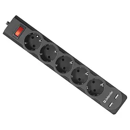 Мережевий фільтр 1.8 м, DFS 751, Black, 5 розеток, 2xUSB (2.1A), 10А, до 2.2 кВт, виключатель (99751)