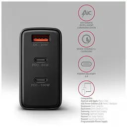 Зарядний пристрій AXAGON 1xUSB + 2xUSB-C 100W QC4+ PD3.0 PPS black (ACU-DPQ100) - мініатюра 5