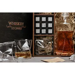 Подарунковий набір Whiskey Stones камені для віскі в дерев'яному пеналі №8 + декантер і 4 склянки Rocco Cassiopea + щипці + мішечок - мініатюра 4