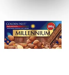 Шоколад Millennium Golden Nut молочний з цільним мигдалем та карамеллю 100г