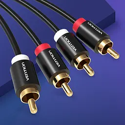 Стереоаудіокабель Vention 3 м тюльпани 2 RCA штекери на 2 RCA штекери позолочені контакти алюмінієві корпуси штекерів чорний (VAB-R06-B300) - мініатюра 2