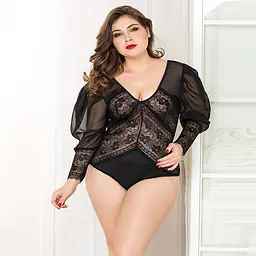 Мереживне боді JSY «Спокуслива Мері» Plus Size, Black, рукави-ліхтарики, дрібна сітка - мініатюра 1