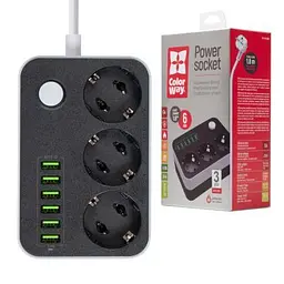 Мережевий фільтр живлення ColorWay CW-CHЕ36B, 3 розетки/6USB Black 1.8M (CW-CHE36B) - мініатюра 2