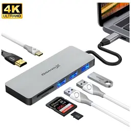 Хаб - Концентратор - адаптер Grand-X SG-512 USB TypeC to HDMI / 3xUSB / Type-C / Card-Reader Сріблястий - мініатюра 3