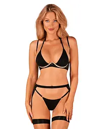 Комплект білизни Obsessive Selinne 3-pcs set, XS/S, чорний (бюстгальтер, стрінги, пояс для панчіх)