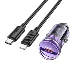 Автомобільний зарядний пристрій Hoco Z53 Type-C PD 30W transparent фіолетовий + кабель Type-C to Lightning