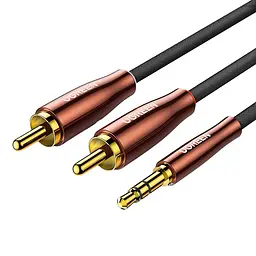 Стереоаудіокабель UGREEN AV170 2 м Mini Jack тюльпани штекер 3,5 мм TRS і 2 штекери RCA передавання звуку в обох напрямках бавовняне обплетення екранування з лудженої міді позолочені роз’єми коричневий (80847)