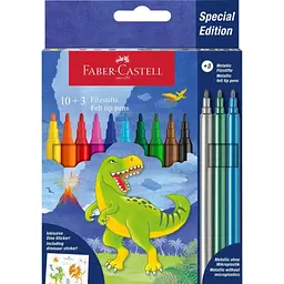 Фломастери Faber-Castell Динозавр 10 кольорів + 3 металика + наклейки у картонній коробці (32962)