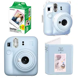 Набор камера Fujifilm Instax Mini 12, Фотобумага 20шт, Прозрачный чехол, Фотоальбом 64 фото Голубой