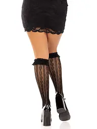Гольфи ажурні Leg Avenue Sweetheart Ruffle Cuff Knee Highs, чорні, з рюшами, малюнок-сердечка - мініатюра 4