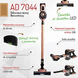 Пилосос ручний бездротовий Adler AD 7044 акумуляторний 120 Вт TURBO 40 хв роботи контейнер 0,8 л LED-підсвітка - мініатюра 9
