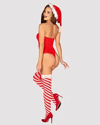Тедді Obsessive Kissmas teddy, S/M, червоне, без бретелей, чокер, панчохи та шапка з помпоном у наборі