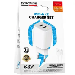 МЗП Borofone BAS81A Star 10.5W (2USB-A) + кабель USB to MicroUSB White - мініатюра 2