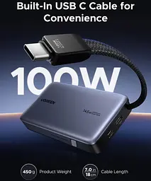 УМБ Ugreen 20000mAh 145W PD3.1.QC, USB-A,USB-С IN/OUT, with built in USB-C cable (PB551) Gray - мініатюра 7