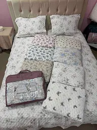 Комплект покривало 200×230 см стьобане з наволочками 50×70 см муслін-жатка євро Білий з бежевим - мініатюра 2
