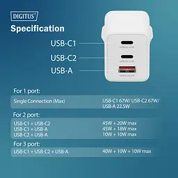Зарядний пристрій 2xUSB-C, 1xUSB-A DIGITUS GaN 67W - мініатюра 3