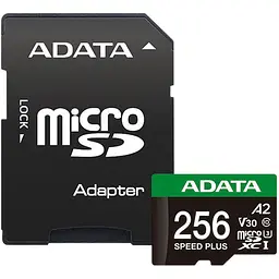 Карта пам'яті ADATA microSDXC Speed Plus 256Gb Class 10 UHS-1 A2 V30 + SD адаптер (UD256GUI3V30A2SP-RA1) [162139]