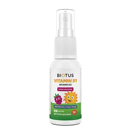 Вітамін D3, Vitamin D3, спрей для дітей, смак малини, 200 МО/5 мкг, 30 мл Biotus vit0003348