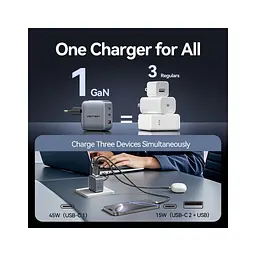 Зарядний пристрій Vention 2xUSB-C PD 70 Вт + 1xUSB QC 3.0 22.5 Вт GaN + кабель USB-C — USB-C 1.0 м чорно-сірий (TZ-FEXH0-EU) - мініатюра 2