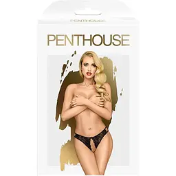 Трусики-тонг Penthouse Naughty Valentine S/M Black, мереживо, відкритий доступ до інтимних зон - мініатюра 3