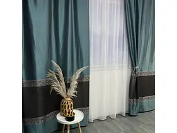 Жакардові штори бірюзового кольору 2шт. 140х270 з білим шифоновим тюлем 400х270, на тасьмі ALBO pbe0052685 - мініатюра 8