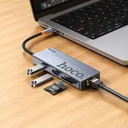 USB-хаб Hoco HB52 Wow 8-in-1 multi-function converter(HDTV+RJ45+SD/TF+PD+Type-C3.0+USB3.0*2) Metal Gray - мініатюра 3
