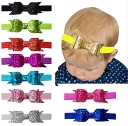 Пов'язка дитяча з блискітками світло-рожева - розмір універсальний (на резинці) бантик 9 см - мініатюра 2
