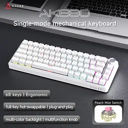 Ігрова механічна дротова клавіатура Ajazz Ak690 / 68 клавіш / Hot-Swap / RGB / Peach Mist Switch / White - мініатюра 2