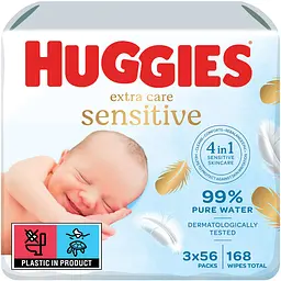 Вологі серветки Huggies Extra Care Sensitive 168 шт. (3 уп. x 56 шт.)