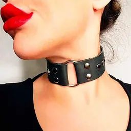 Чокер зі шкіри з кільцем та заклепками Чорний XS-M
