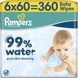 Набір дитячі вологі серветки Pampers 99% Water 360 шт. (6 упаковок x 60 шт.)