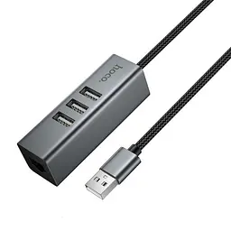 USB HUB HOCO HB1D 4-in-1 converter(USB to USB2.0x3+RJ45) Металевий сірий