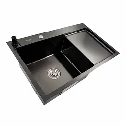 Кухонна мийка СМ 78x50 L PVD чорна Platinum Handmade (круглий сифон 3.0/0.8), Чорний - мініатюра 5