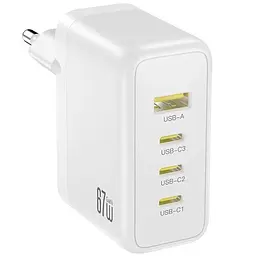 Зарядний пристрій 4 порти XO CE39 67W GaN Fast Charger (3x USB-C 67W і 1x USB-A 22.5W) білий