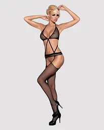 Сітчастий бодістокінг з імітацією топа, пояса та панчохи Obsessive Bodystocking N108 S/M/L, чорний - мініатюра 3