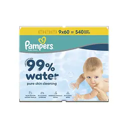 Дитячі вологі серветки Pampers 99 Water 60 шт х 9 пачок (540 шт) (8006530116459) - мініатюра 2