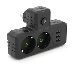 Подвійна розетка із заземленням Voltronic F-302 Black, 2 розетки + 3 USB (1 А), 2500 Вт, 10 А, 220 В - мініатюра 1