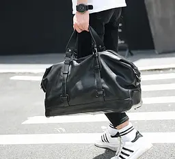 Дорожня сумка велика спортивна екошкіра чорна містка на плече (483) - мініатюра 7