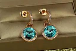 Серьги подвески Xuping Jewelry Сваровски Романс с голубыми камнями 2,8 см золотистые - миниатюра 2