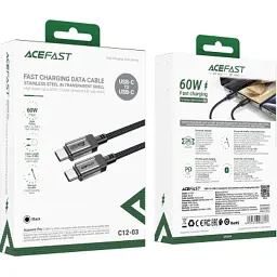 Дата кабель USB-C to USB-C 1.2m 60W stainless steel C12-03 Black Acefast (6974316283317) - мініатюра 5