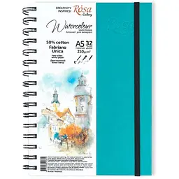 Блокнот для акварелі на спіралі А5 Unica by Fabriano 250г/м2 32 л папір білий Бірюза ROSA Gallery